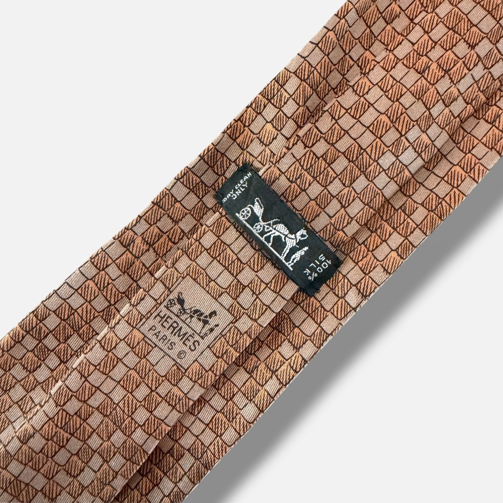 Hermes Silk Tie Mens Orange Tan Geometric Mosaic Woven 7942 MA Made in France